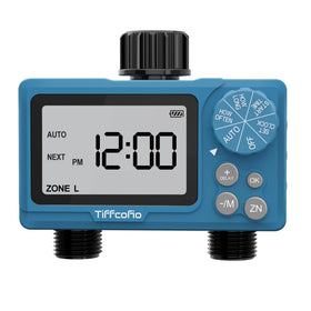 Tiffcofio Sprinkler Timer Outdoor front view with two outlets for easy irrigation control