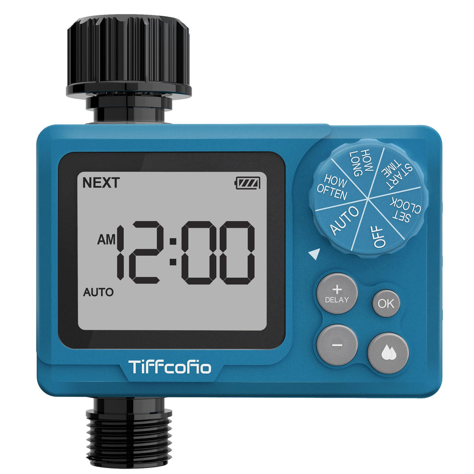 TiFFCOFiO sprinkler timer outdoor setup demonstrates simple programming for precise, hands-off irrigation.