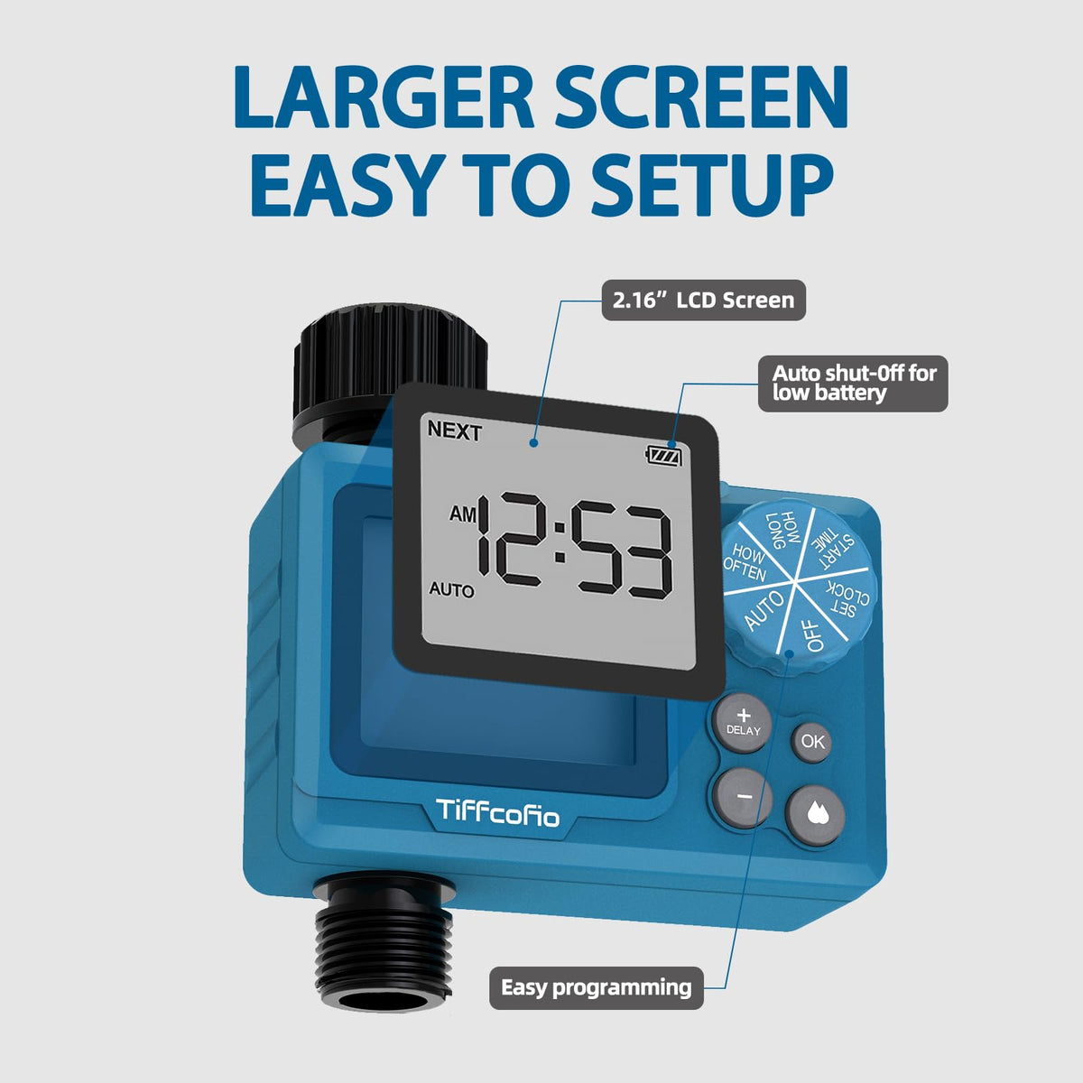 TiFFCOFiO sprinkler timer programmable knob makes quick watering schedules easy.