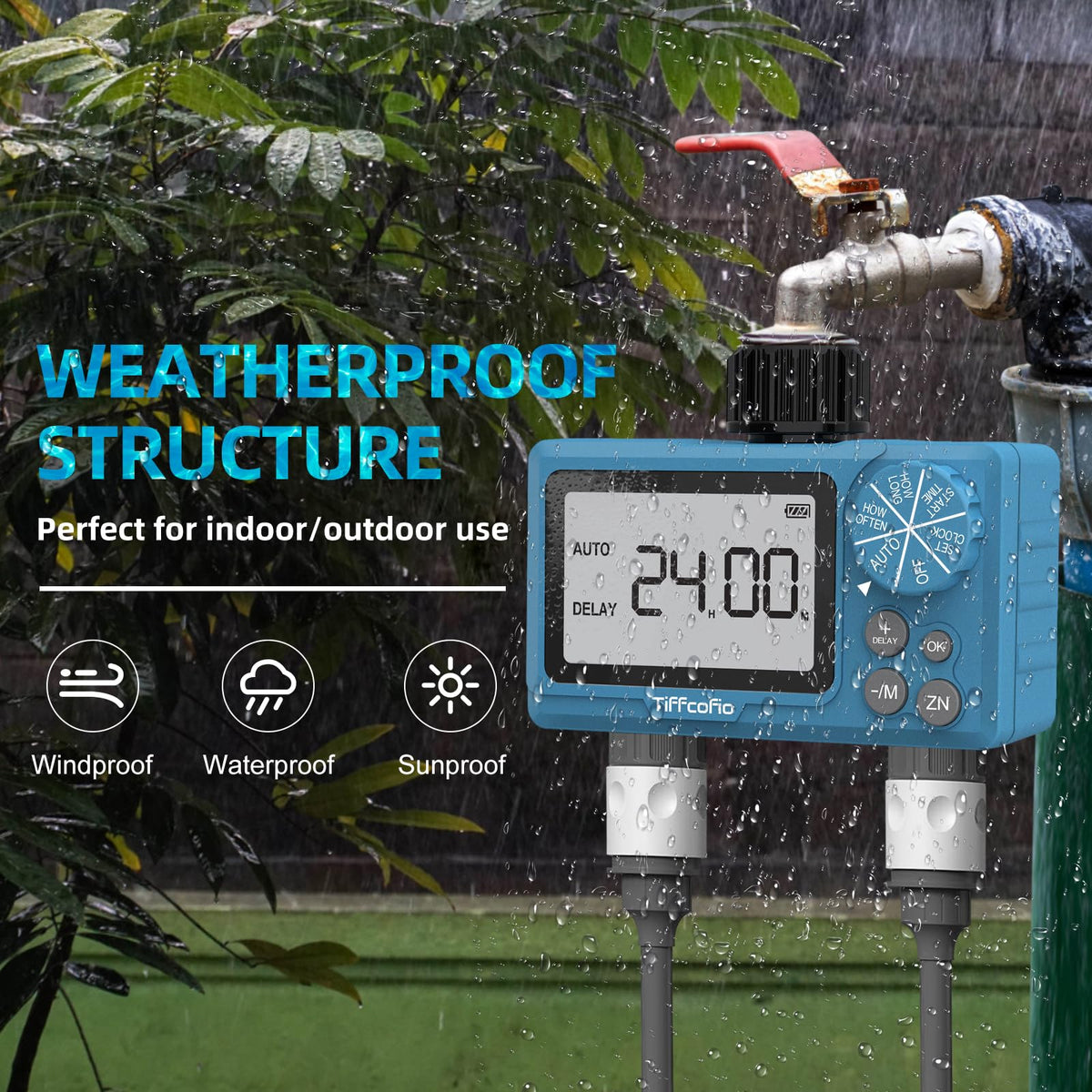Tiffcofio Sprinkler Timer Outdoor two outlets setup supports multiple watering zones