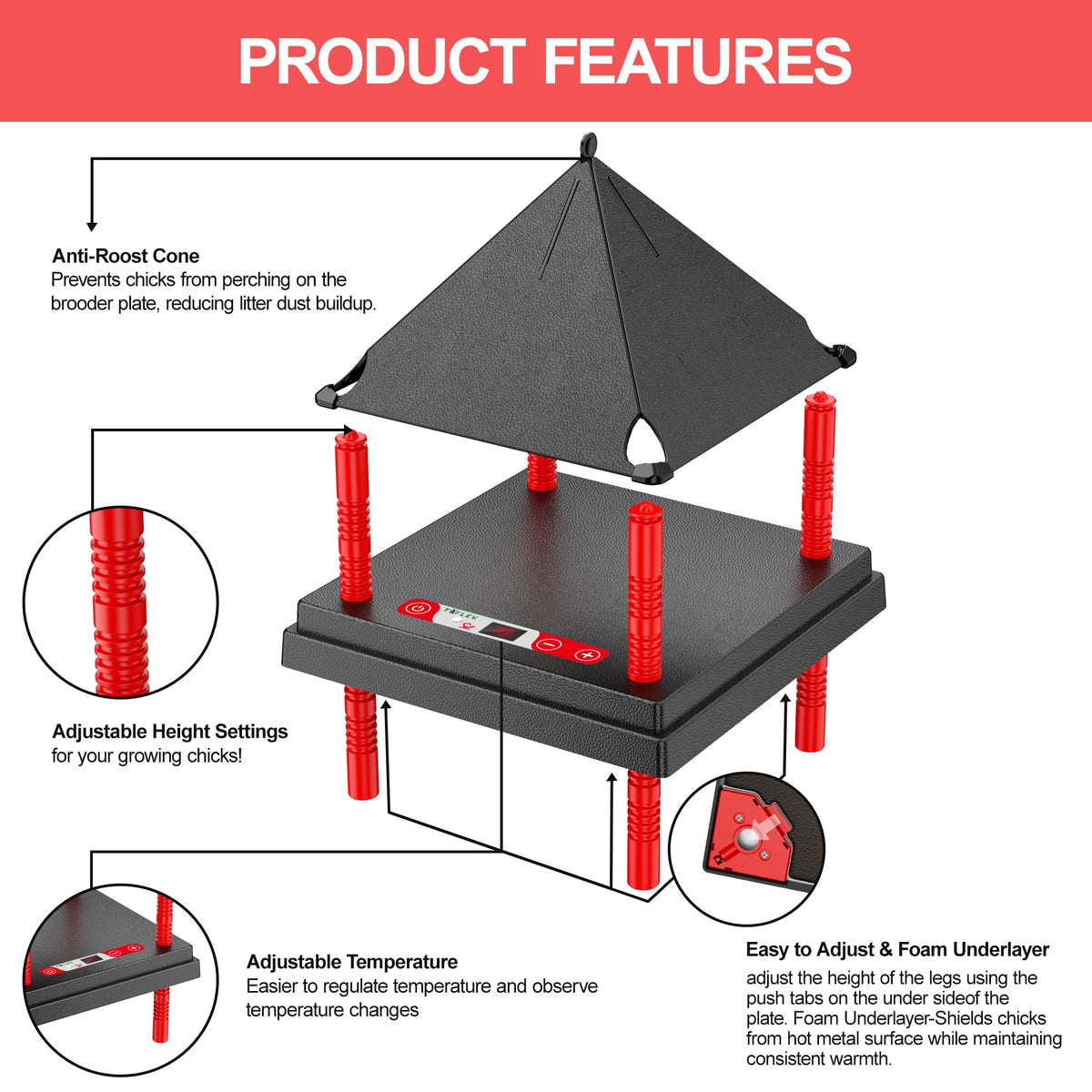 Tiflev brooder plate with anti-stand cone installed, keeps chicks from perching.