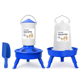 Tiflev chick feeder-waterer set on tripod base for a clean feeding area