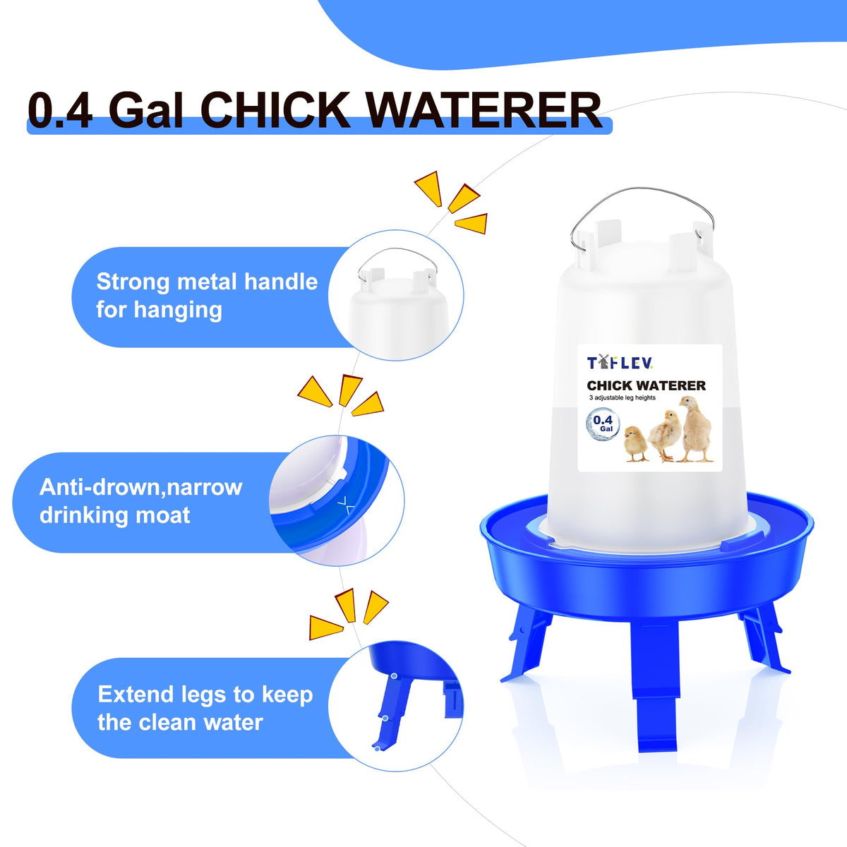 Tiflev feeder-waterer height adjustment with three levels for growing chicks