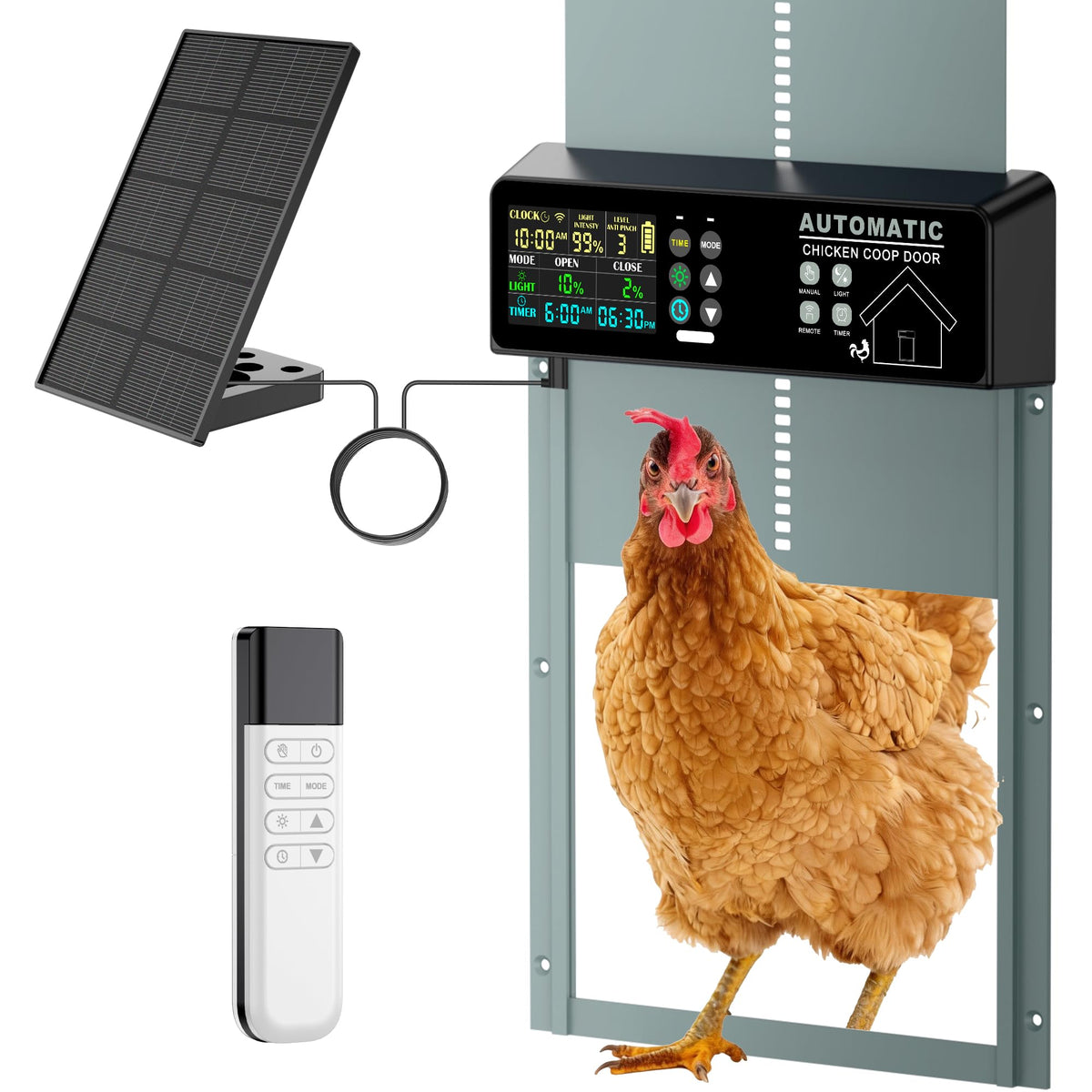 Tiflev solar-panel power setup powering the coop door for continuous operation.