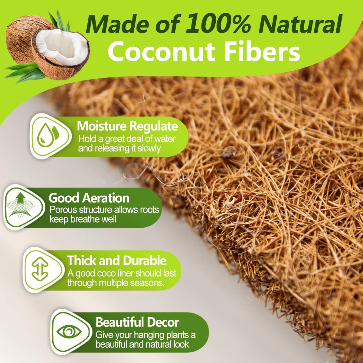 TigeJoy coco fiber liner for baskets enhances aeration around roots, reducing rot risk.