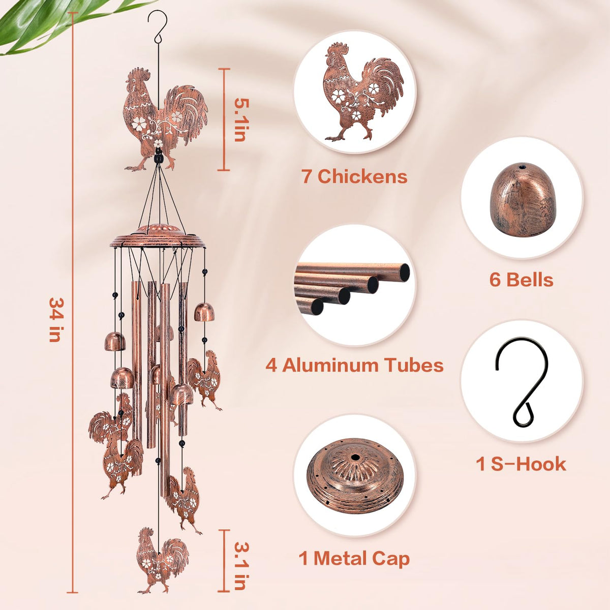 TIGGSY metal wind chime with nylon rope endures weather outdoors.