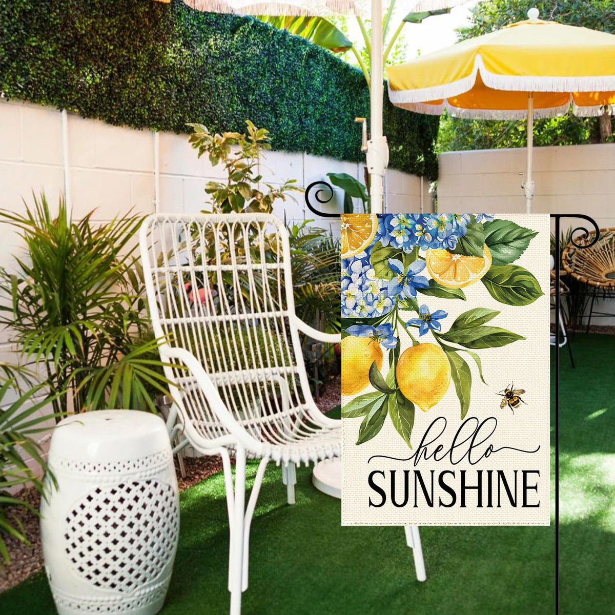 Tikeciti Double-Sided Hello Sunshine flag visible from multiple yard angles