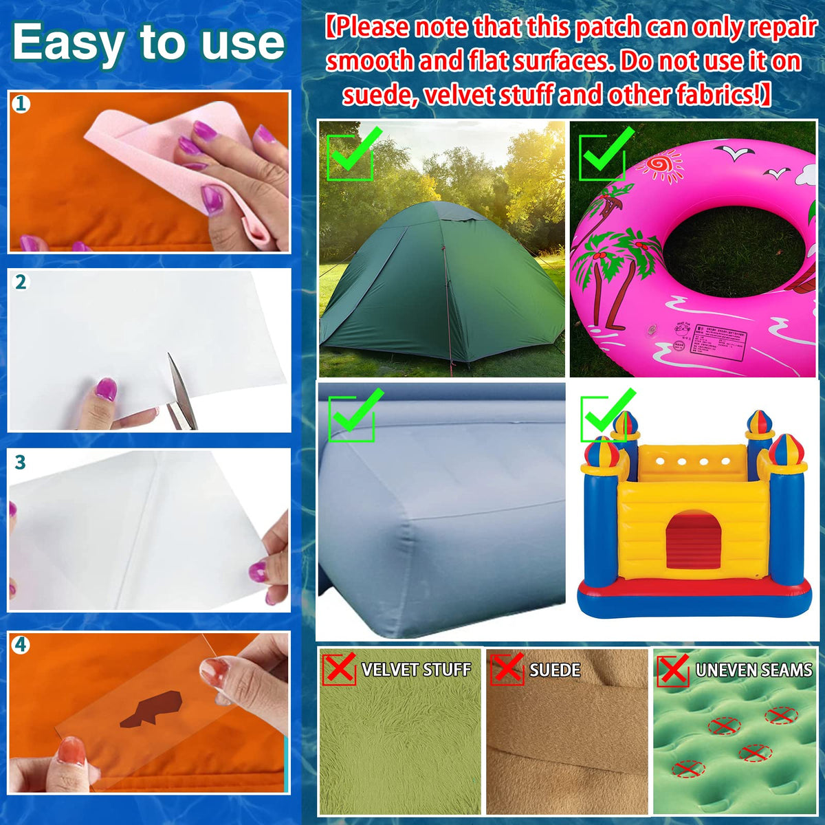 Tikfoam multiuse patch for quick repairs on bounce houses and tents.