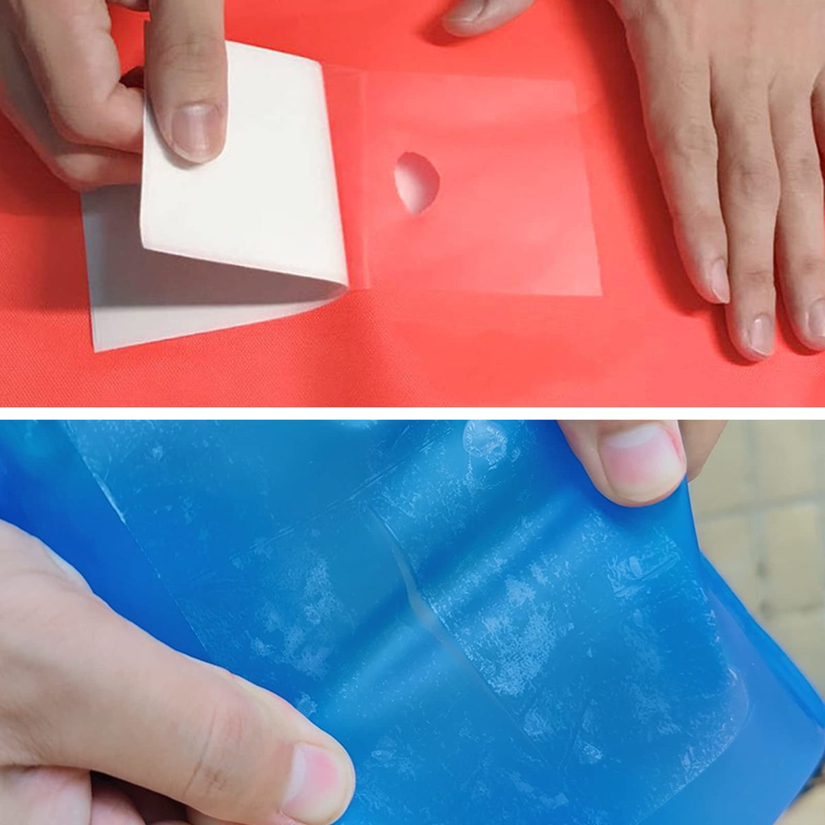 Tikfoam smooth-surface patch adheres securely to flat inflatable areas.