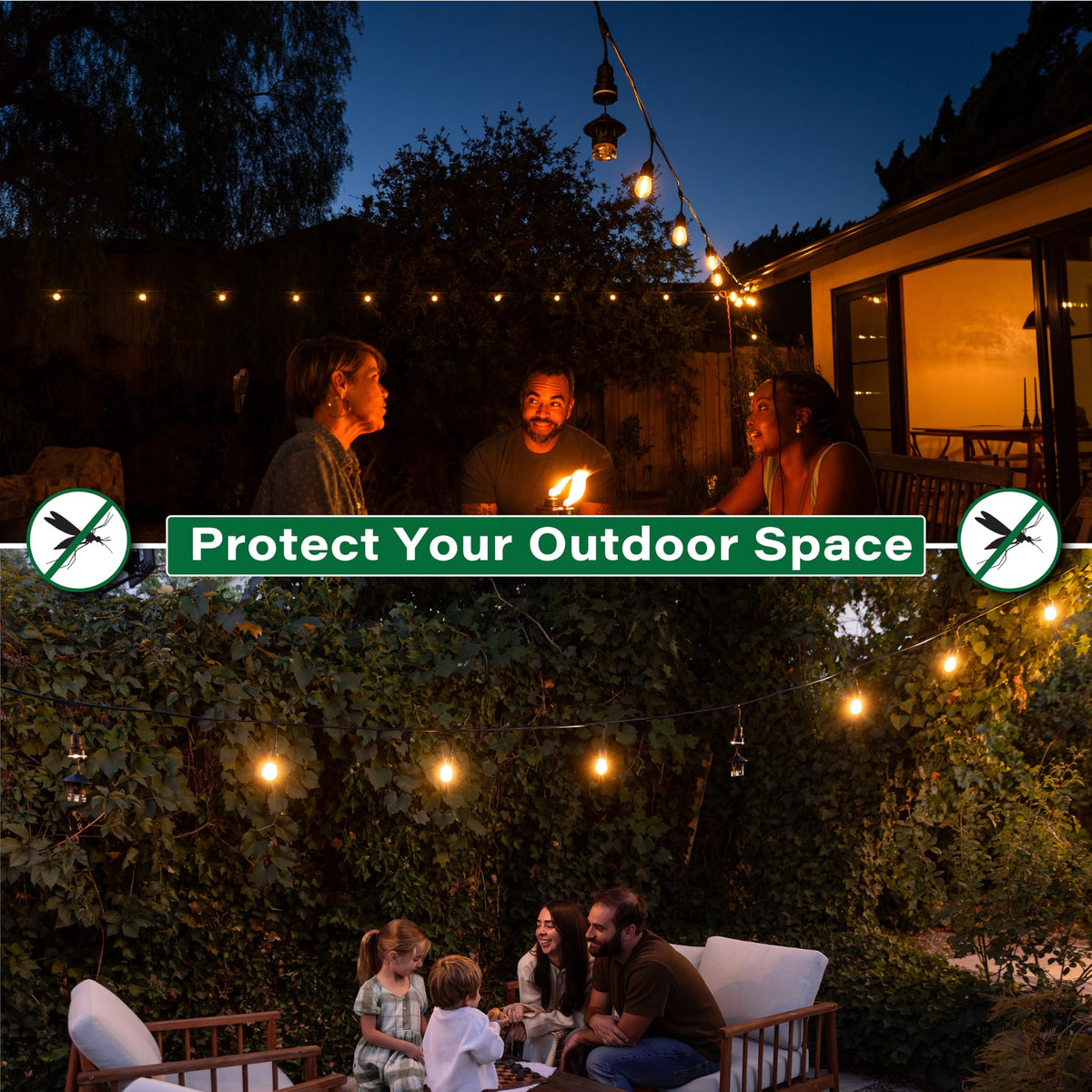 TIKI BiteFighter pod installed beside outdoor string lights for porch comfort.