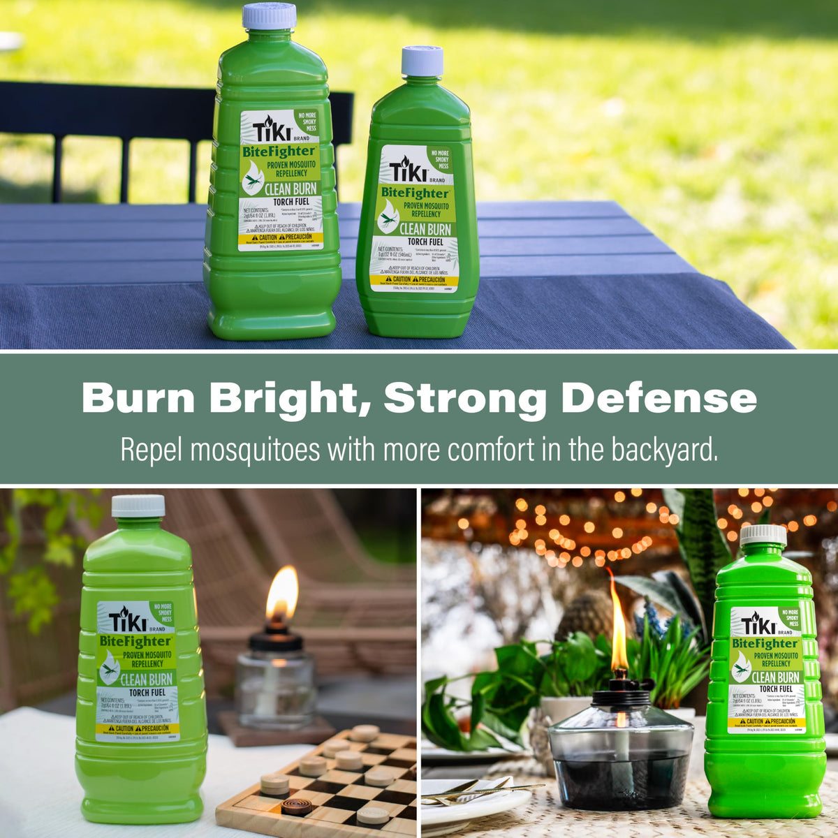 TIKI Easy Pour bottle for convenient refills during backyard lighting
