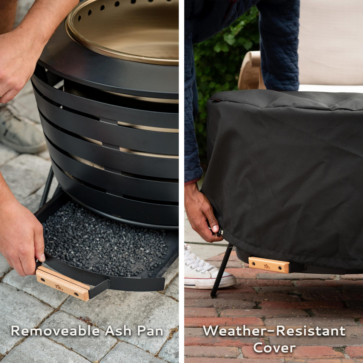 TIKI fire pit ash pan removal for quick, easy cleanup.