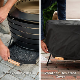 TIKI fire pit ash pan removal for quick, easy cleanup.