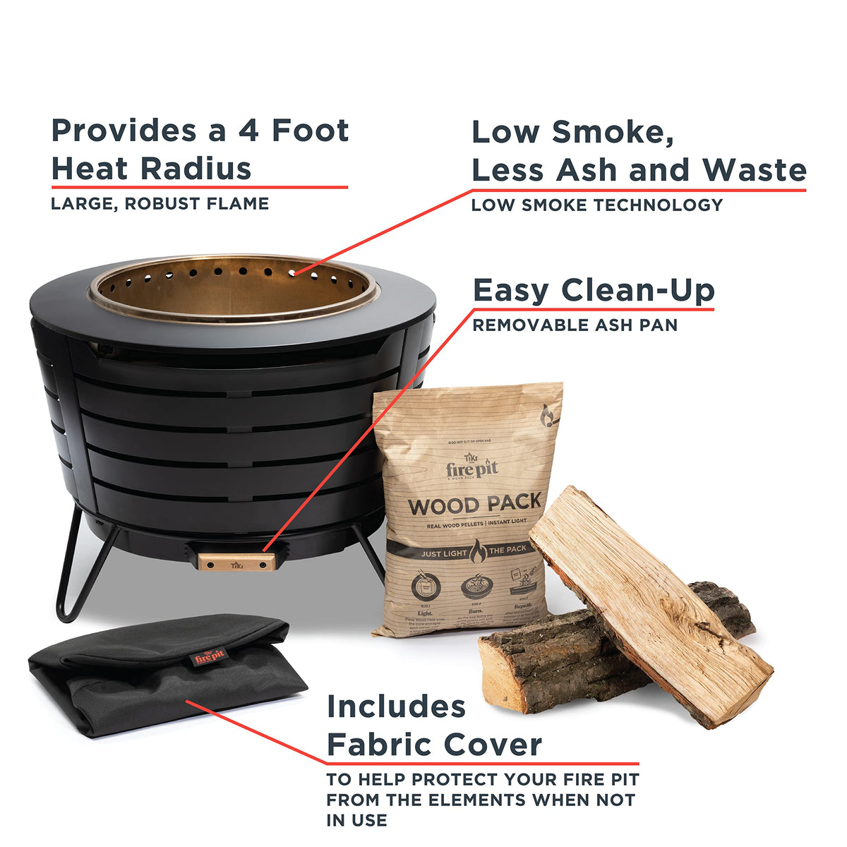 TIKI works with traditional firewood or Wood Packs for versatility.