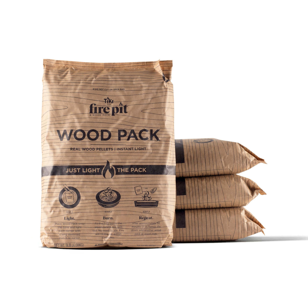 TIKI Wood Pack four-packs shown for quick ignition in smokeless fire pits