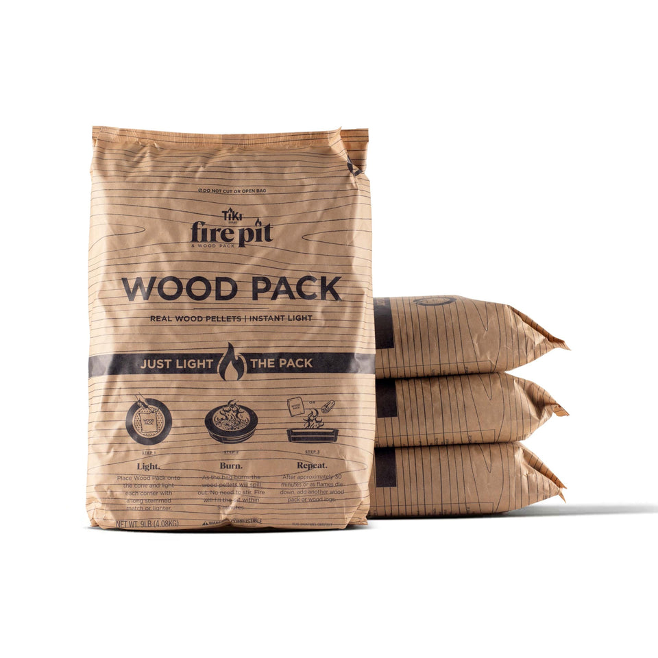 TIKI Wood Pack four-packs shown for quick ignition in smokeless fire pits