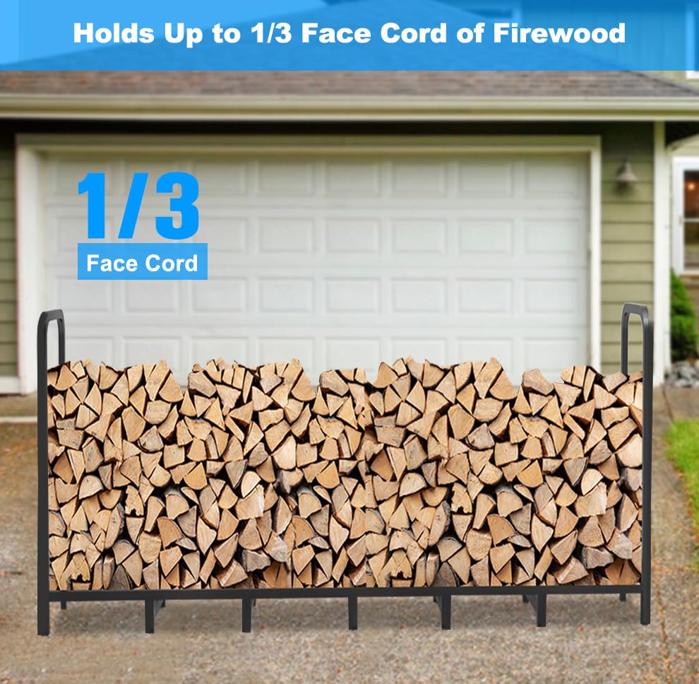Tikimilor 8ft rack assembled outdoors ready for weatherproof log storage
