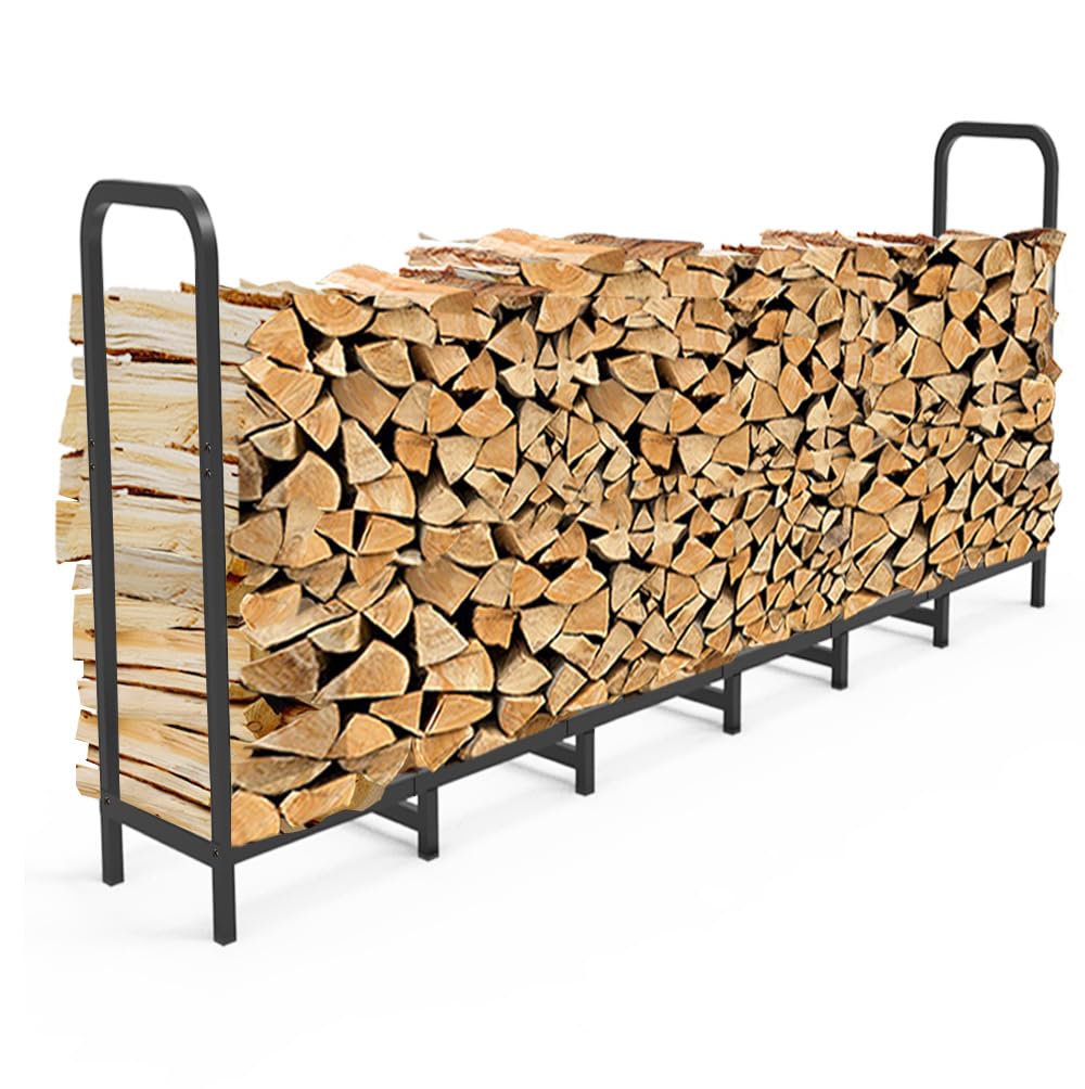 Tikimilor 8ft firewood rack holder front view highlights durable tubular steel for sturdy logs