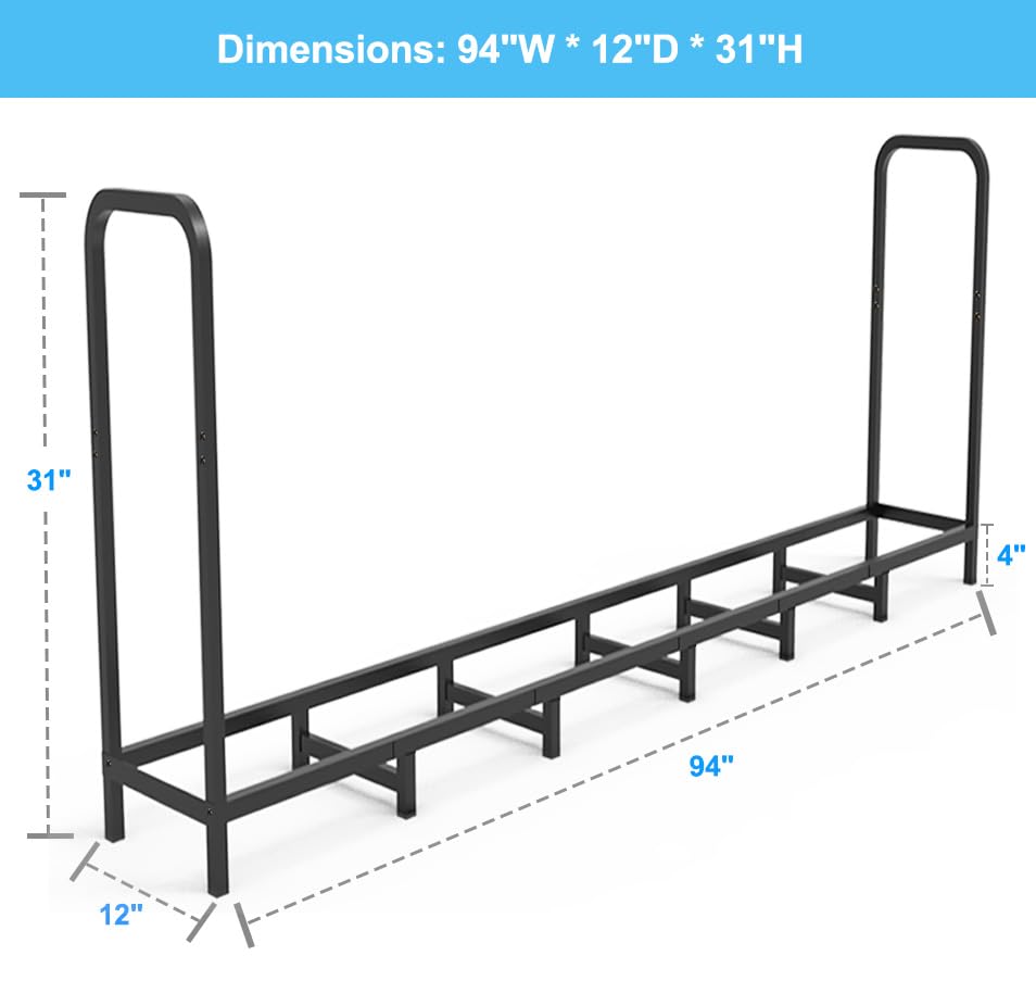 Tikimilor 8ft firewood rack holder side view shows 14-leg stability for heavy loads