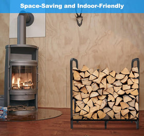 Tikimilor firewood rack front view emphasizes compact footprint for garage use.