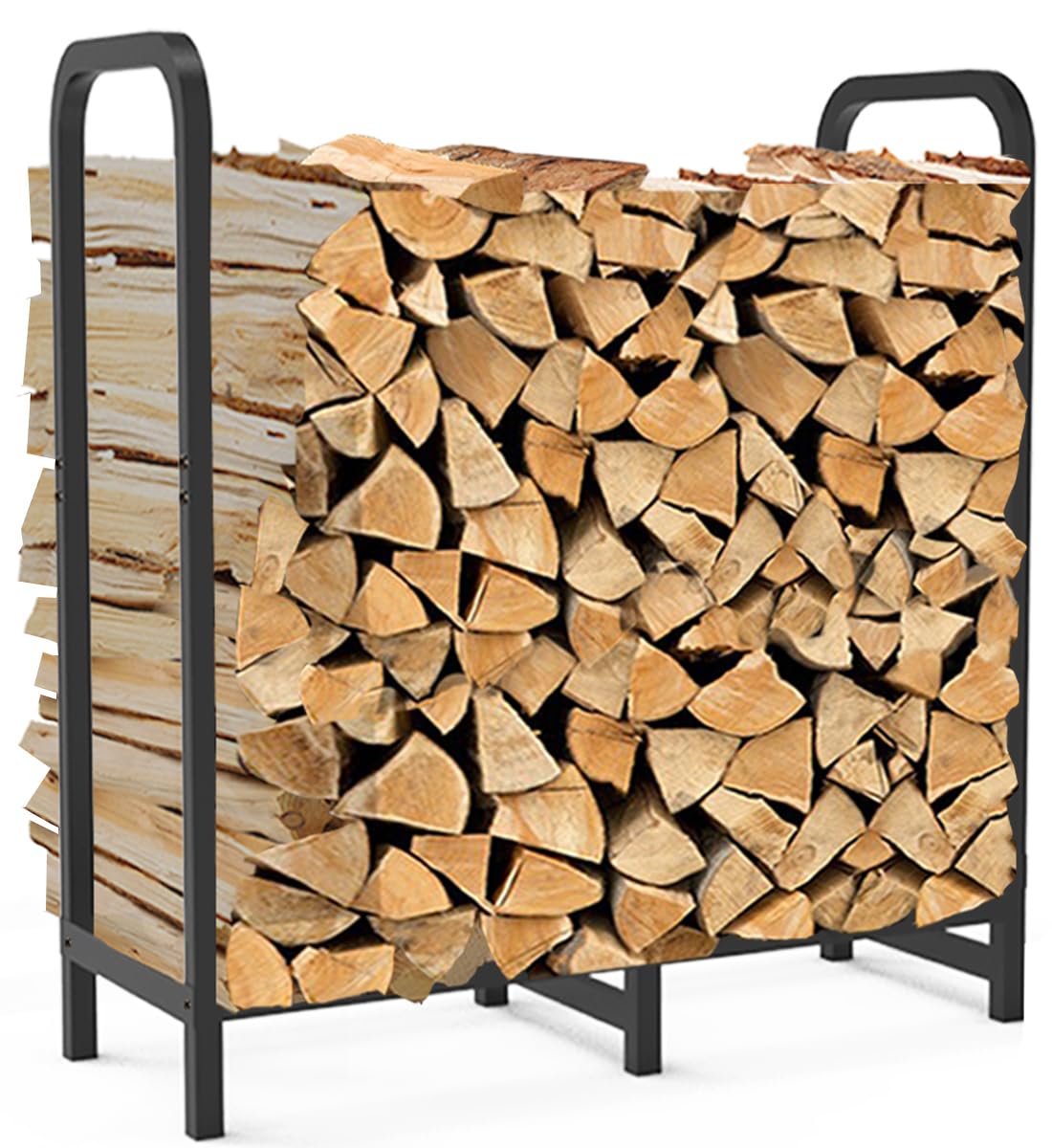 Tikimilor firewood rack side view highlights elevated legs for dry outdoor wood storage.