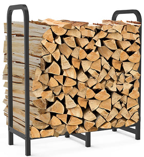 Tikimilor firewood rack side view highlights elevated legs for dry outdoor wood storage.