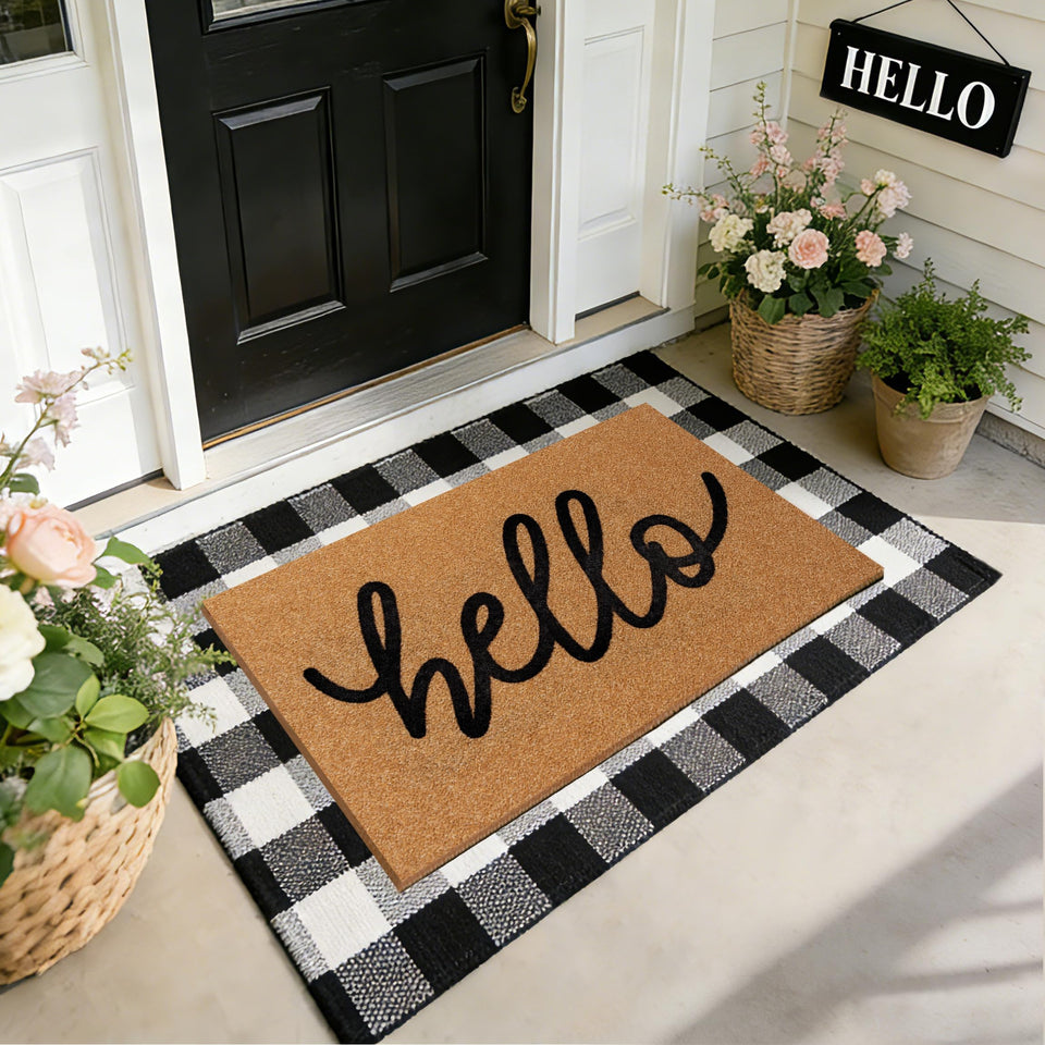 TIKIRUGI Hello coir layered mat for front porch, welcoming guests with texture