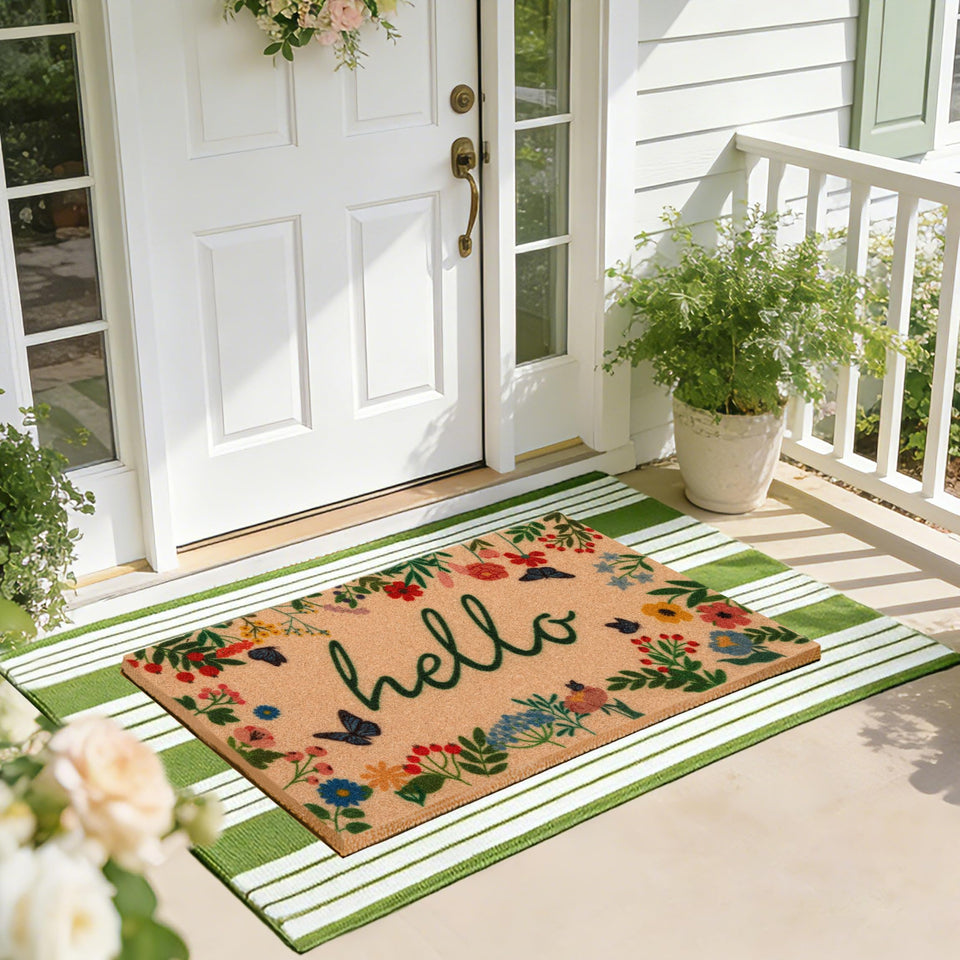TIKIRUGI floral hello mat enhances curb appeal with spring colors.