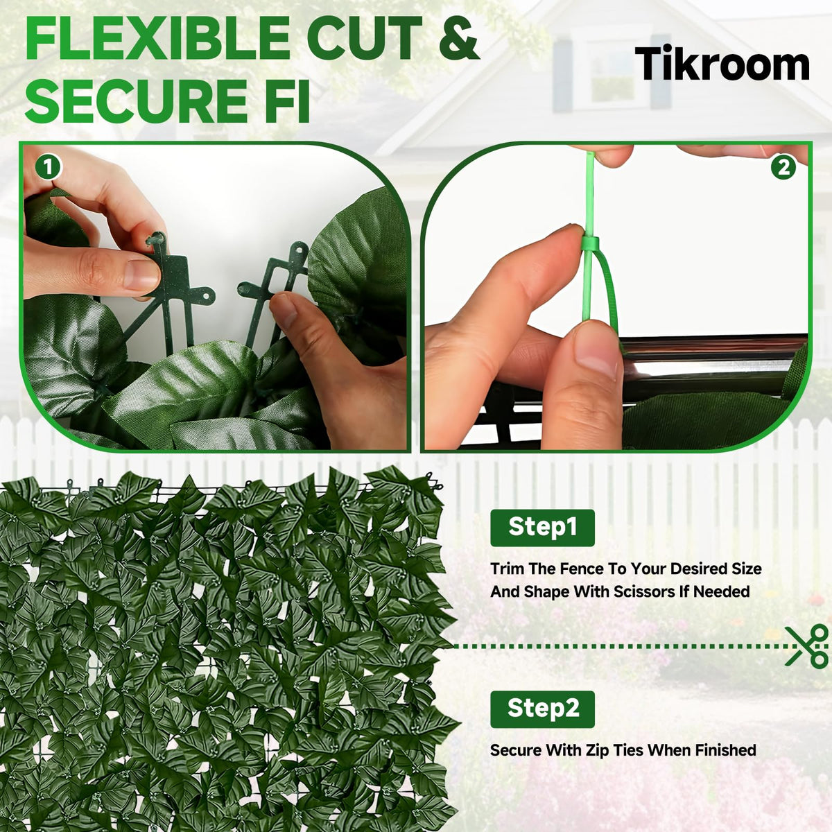 Tikroom faux greenery mesh back panel supports easy attachment.