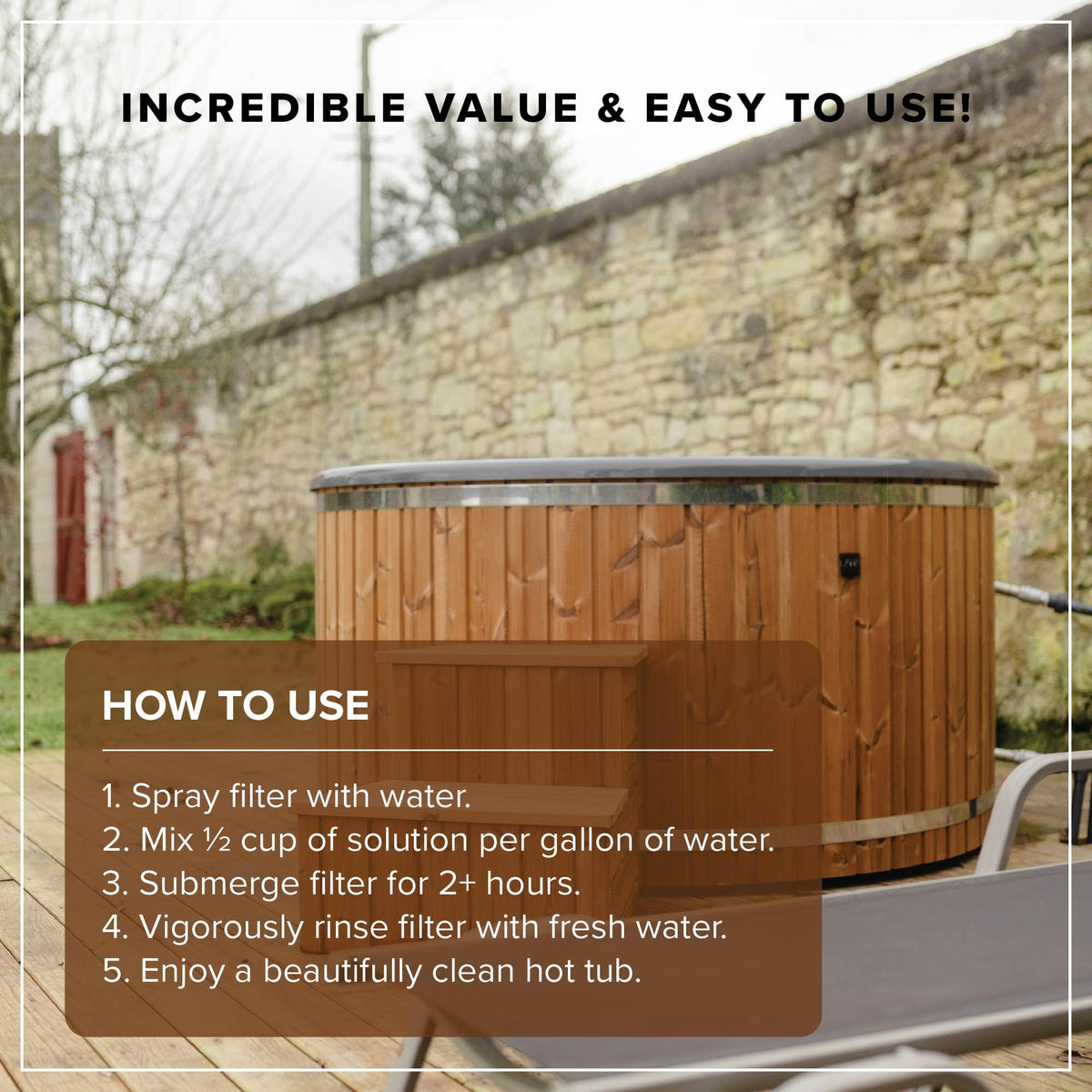 Tillbrook hot tub filter cleaner in-use with filter submerged in solution.