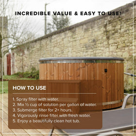 Tillbrook hot tub filter cleaner in-use with filter submerged in solution.