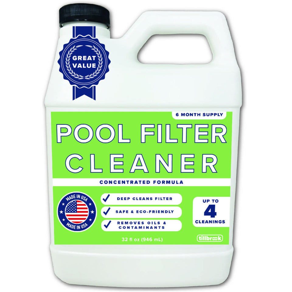 Tillbrook Pool Filter Cleaner bottle ready for soak and spray maintenance