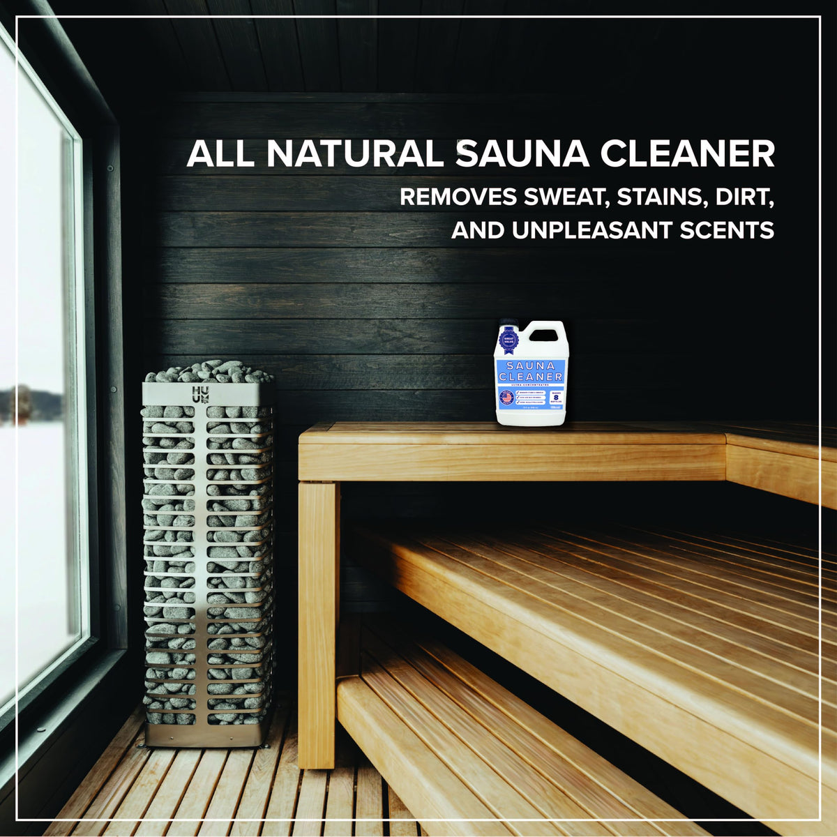 Tillbrook Sauna Cleaner spray bottle demonstrates convenient application on wood
