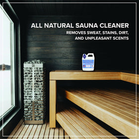 Tillbrook Sauna Cleaner spray bottle demonstrates convenient application on wood