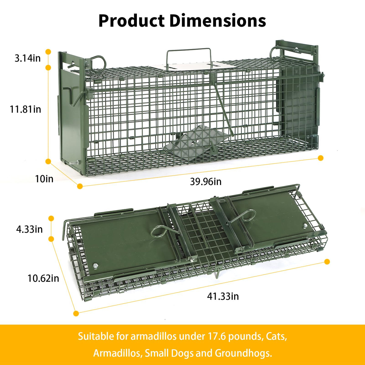 Timaze 40-inch live animal trap side view highlighting dual doors
