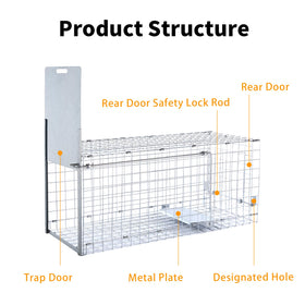Timaze 42-inch live trap close-up of durable galvanized steel for long-term use.