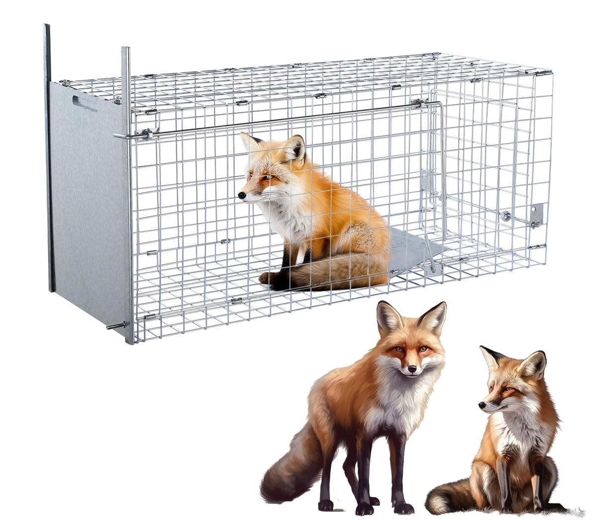 Timaze 42-inch live trap front view shows humane capture for large dogs and wildlife.