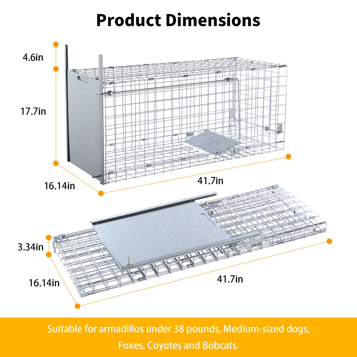 Timaze 42-inch live trap side view highlights durable, rust-resistant construction.