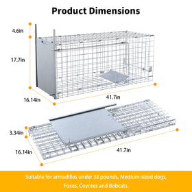 Timaze 42-inch live trap side view highlights durable, rust-resistant construction.