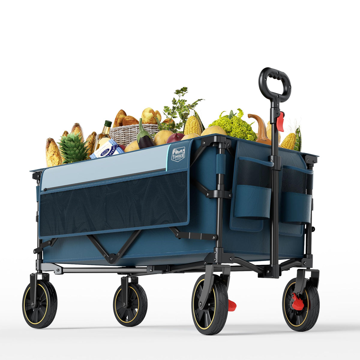 Timber Ridge collapsible wagon with front brakes offers stable braking on slopes.