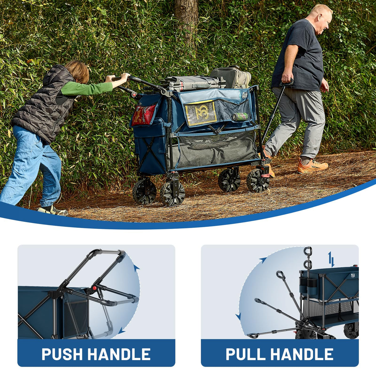 TIMBER RIDGE Push & Pull Double Decker Wagon all-terrain wheels roll on sand and grass