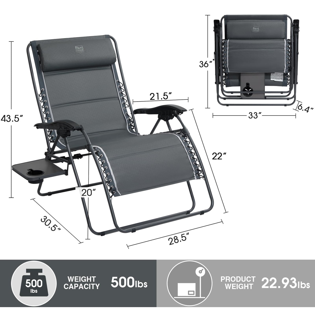 Timber Ridge zero-gravity-chair-side-table enabling easy access to drinks.
