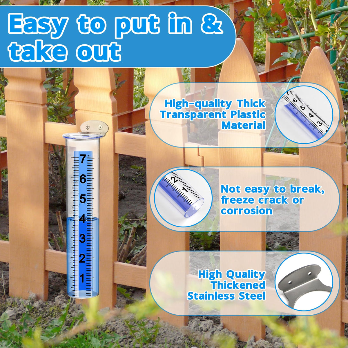 Timenued rain gauge blue scale reading shows clear inches for quick checks.
