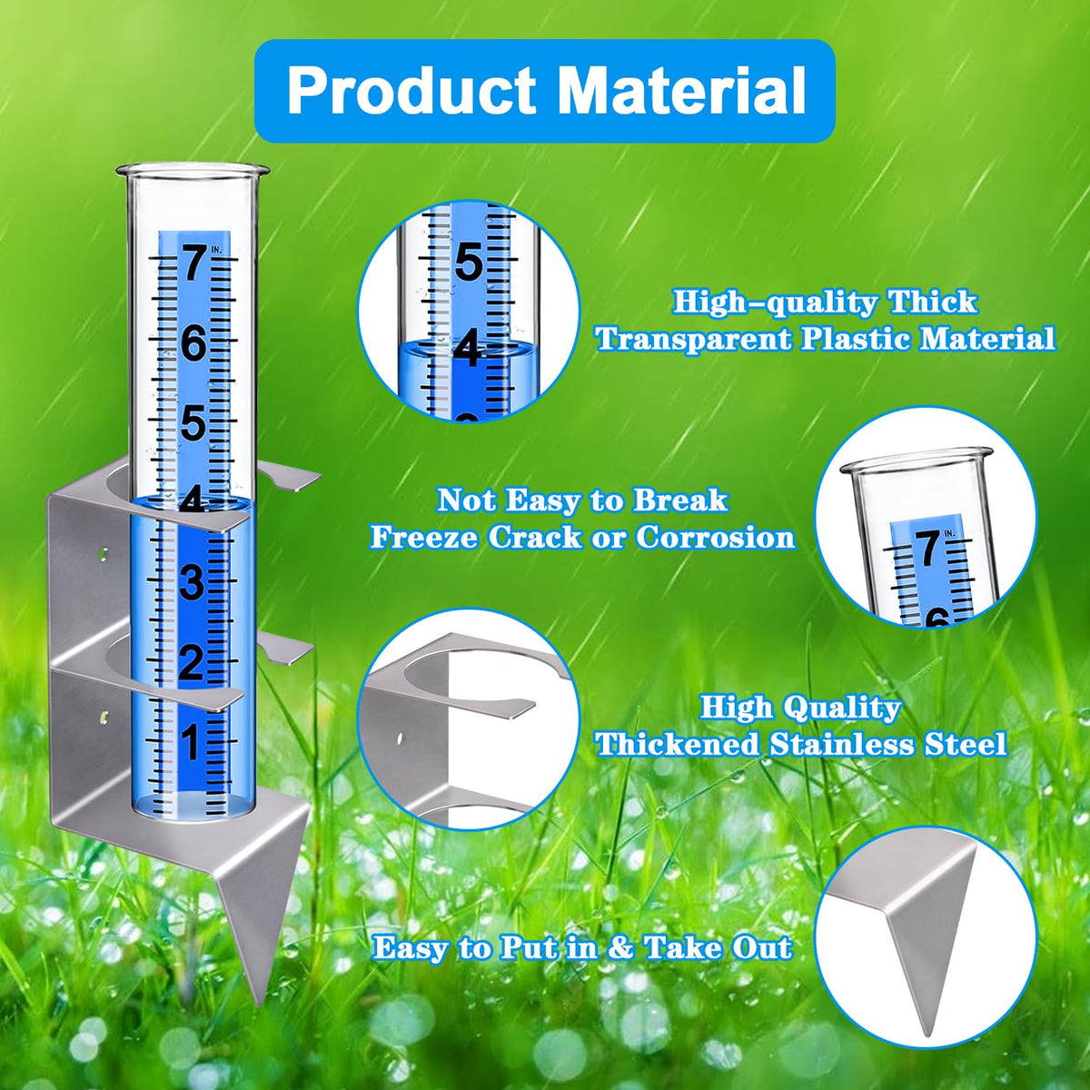 Timenued rain gauge blue strip and large numbers for easy reading.