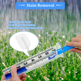 Timenued rain gauge with blue scale aids reading from distance