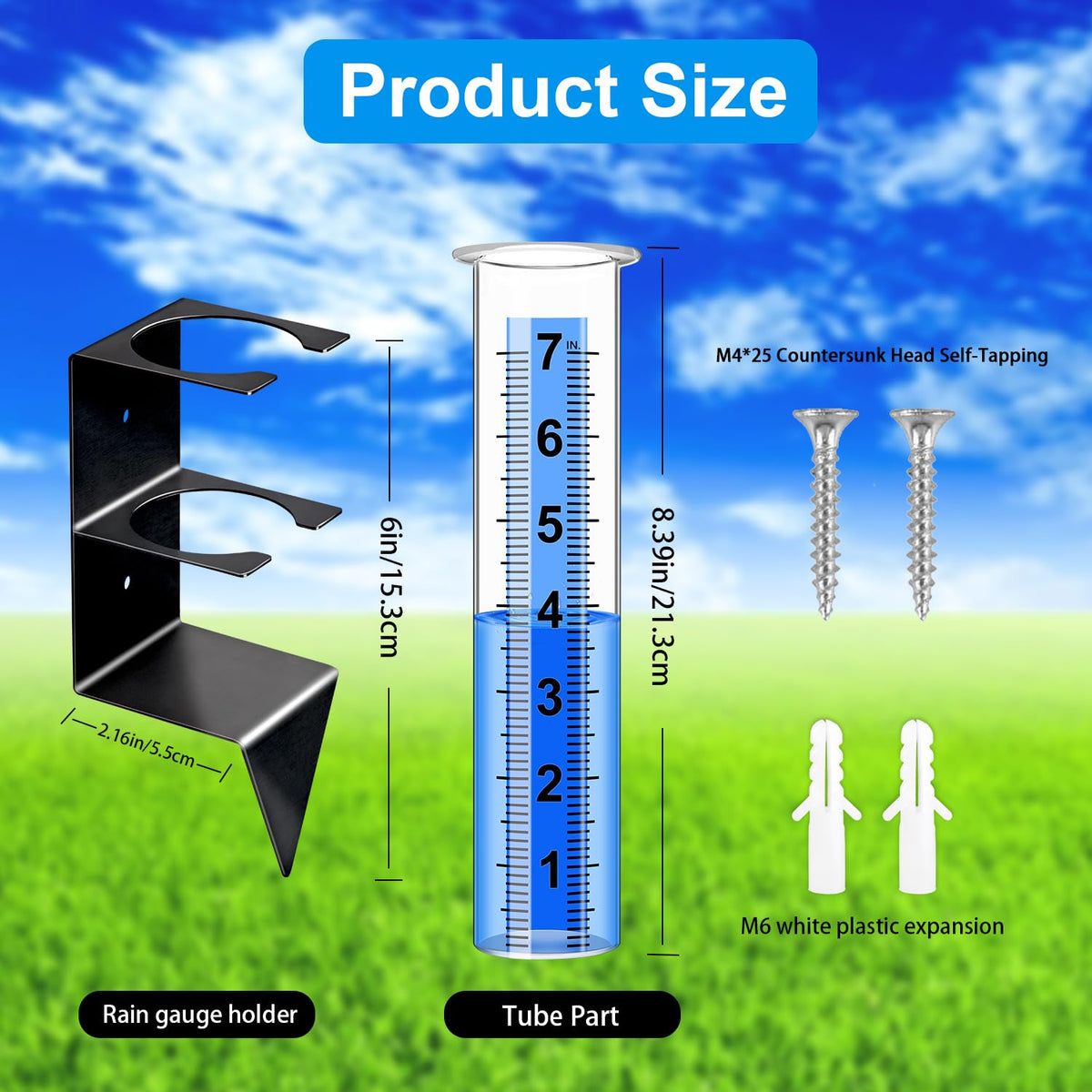 Timenued rain gauge installation on post or fence for flexible mounting.