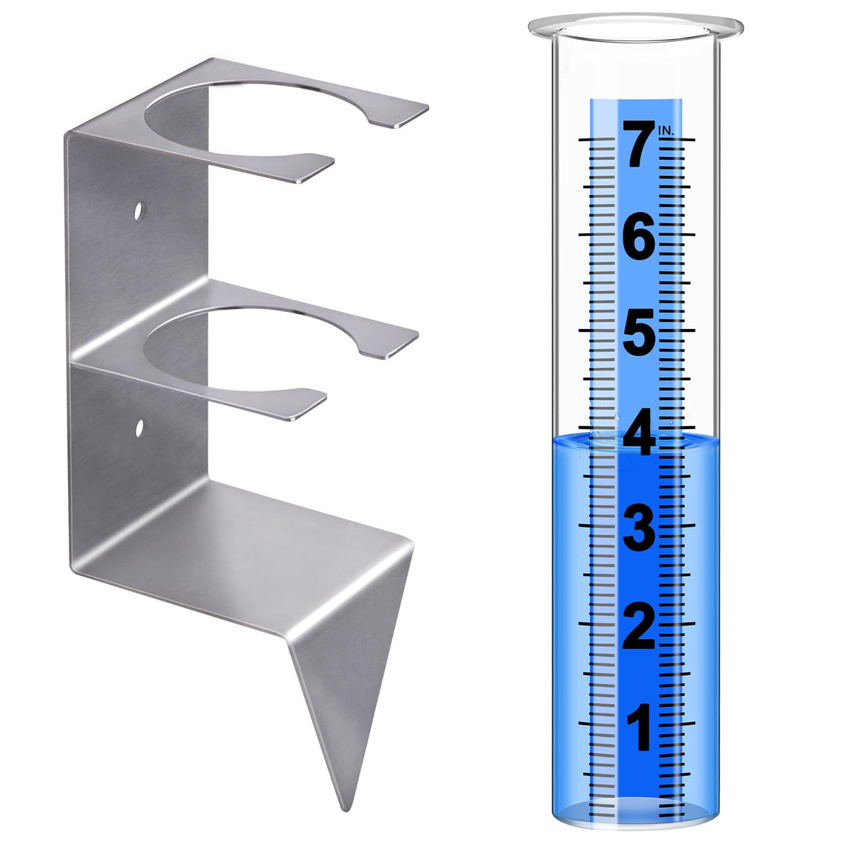 Timenued rain gauge mounted on stainless-steel rack for durable outdoor use.