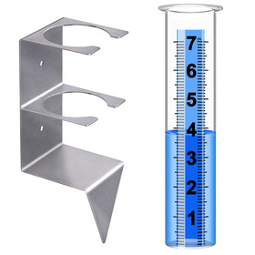 Timenued rain gauge mounted on stainless-steel rack for durable outdoor use.
