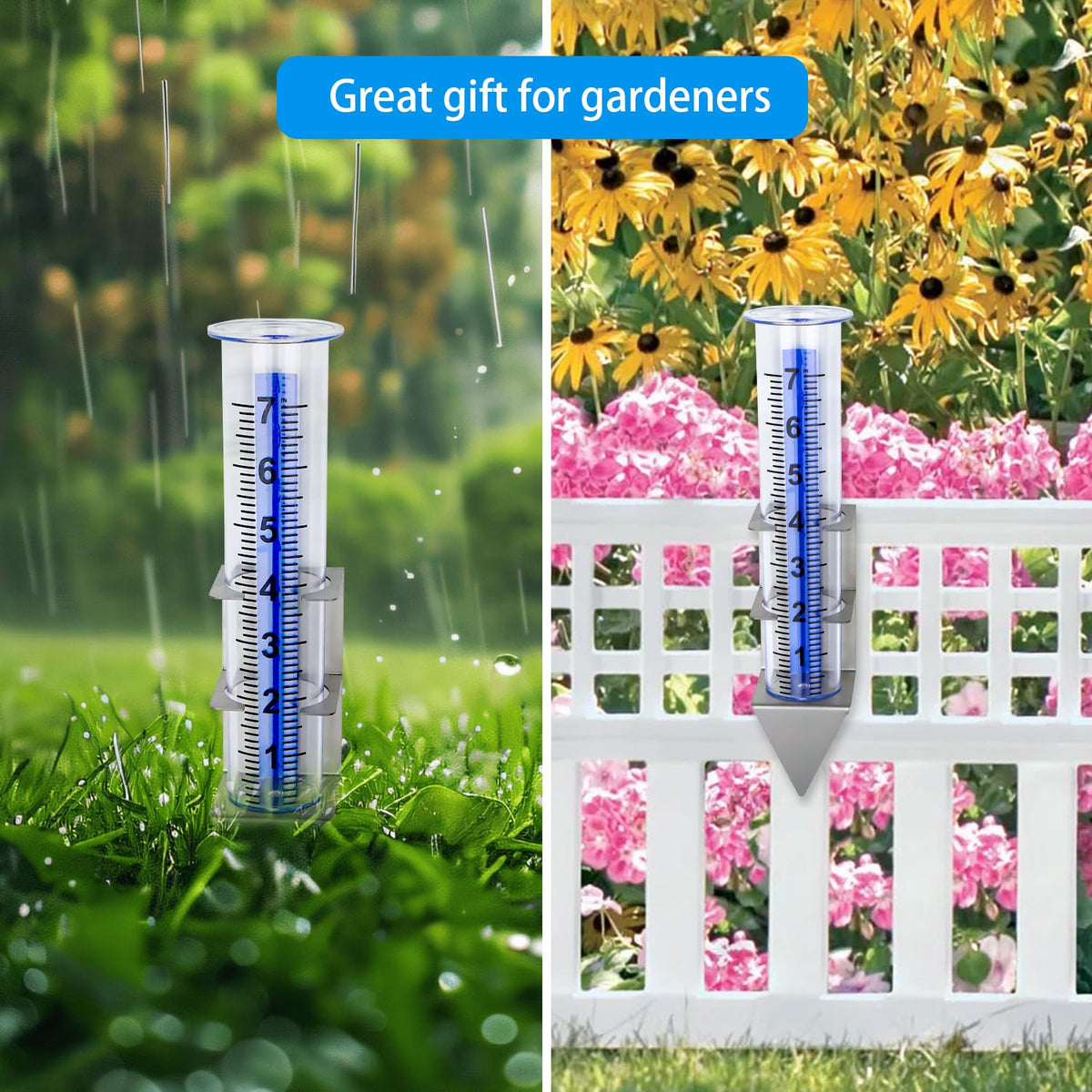 Timenued outdoor rain gauge serves as yard decor and weather data tool.