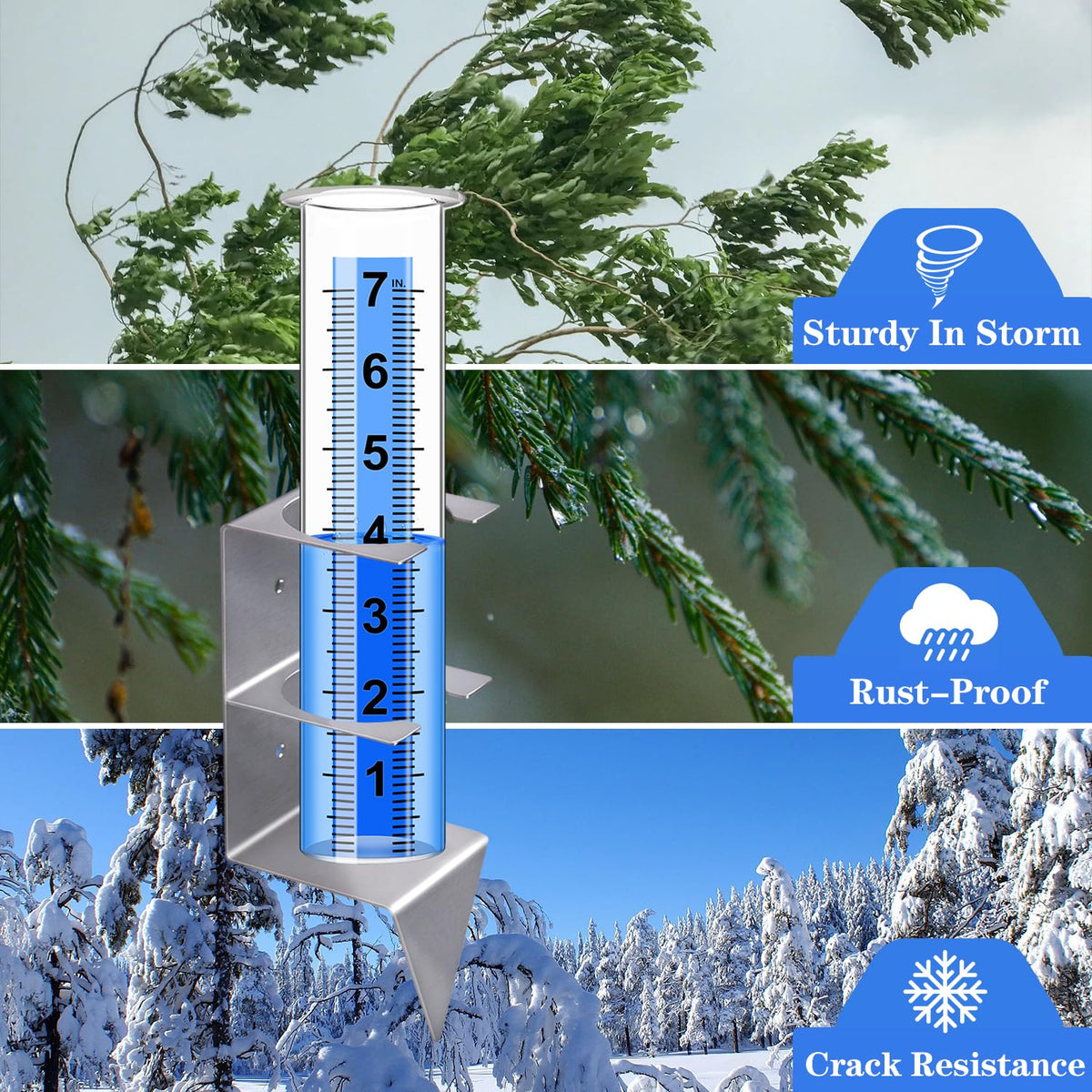 Timenued seven-inch scale helps track rainfall clearly.